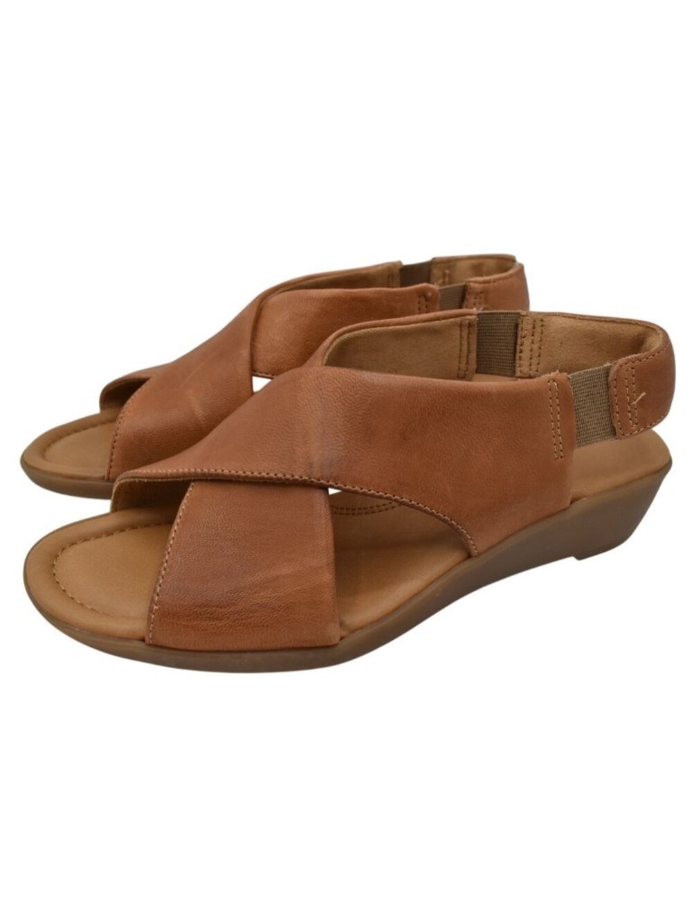 Comfortiva Womens Size 7 Emilee Luggage Leather Slip On CrissCross Sandals Shoes